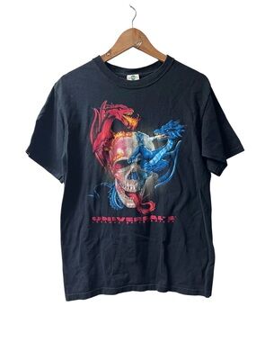 Vintage Universal Black Short Sleeve Tee with Red & Blue Dragon Skull Graphic
